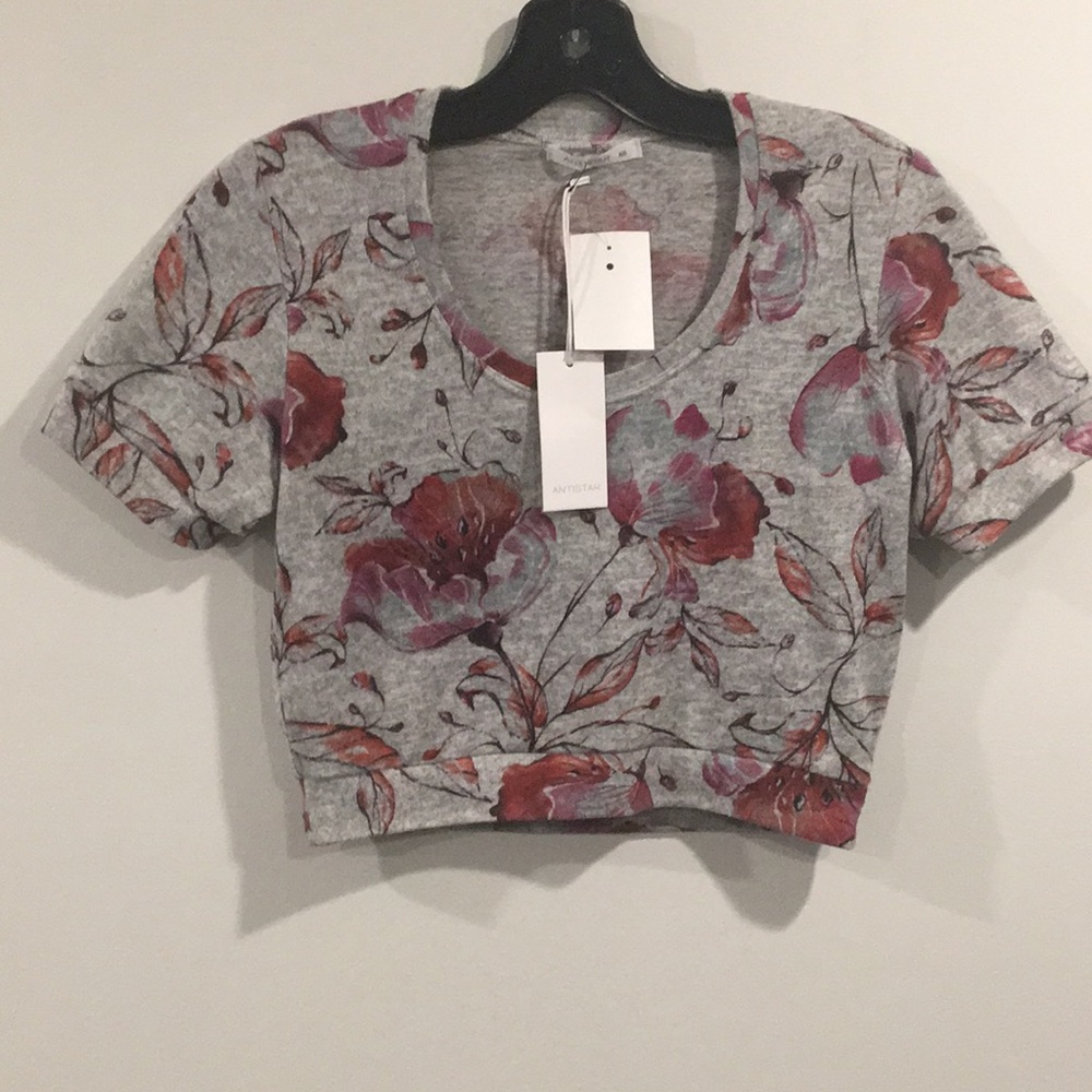 ANTISTAR Floral Grey Short Sleeve Crop Top Size XS